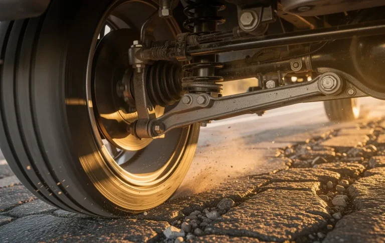 Une roue de voiture en mouvement sur une route bosselée, révélant la suspension apparente vibrante avec de la poussière soulevée et des ombres marquées au soleil couchant.