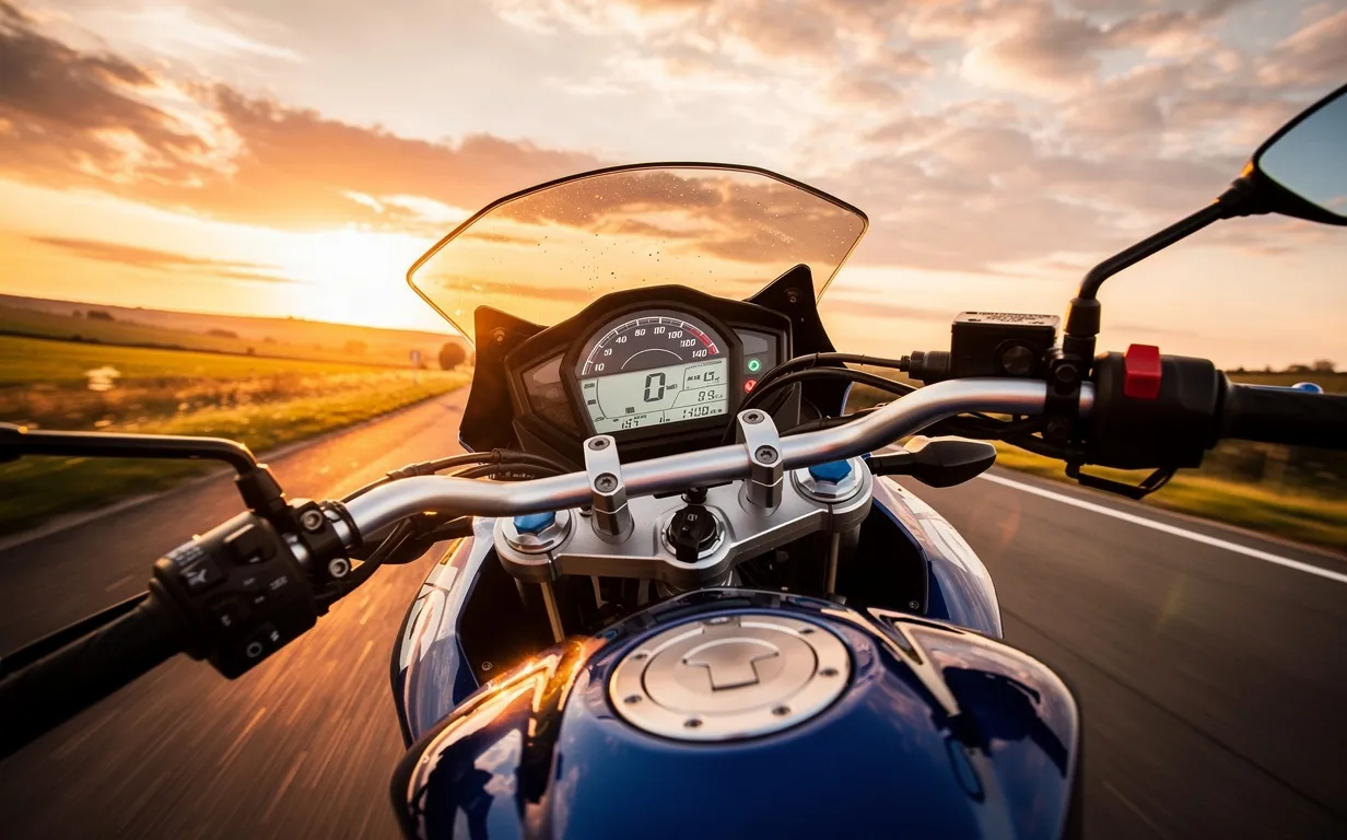 Une Suzuki GSX-S 125 roule sur une route de campagne au coucher du soleil avec un compteur de vitesse net et la moto en léger mouvement.