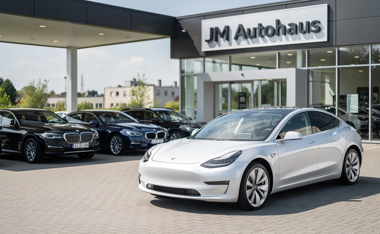 Une Tesla stationnée devant JM Autohaus à Uxbridge, accompagnée d’autres voitures d’occasion sous un auvent moderne en pleine journée.