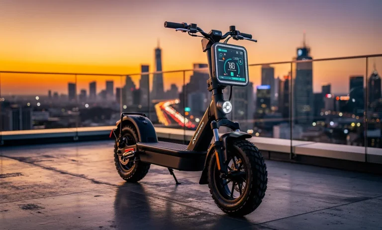 Trottinette électrique UrbanGlide E-Cross MAX 2x2 stationnée sur un toit urbain au crépuscule, avec son écran affichant une vitesse élevée et des lumières de ville en arrière-plan.