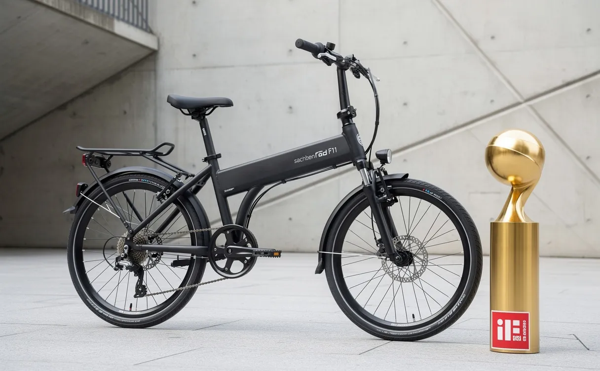 Un vélo pliant noir SachsenRad F11 MagPuma de 20 pouces est exposé déplié devant un trophée doré iF Design Award sur un fond urbain minimaliste.