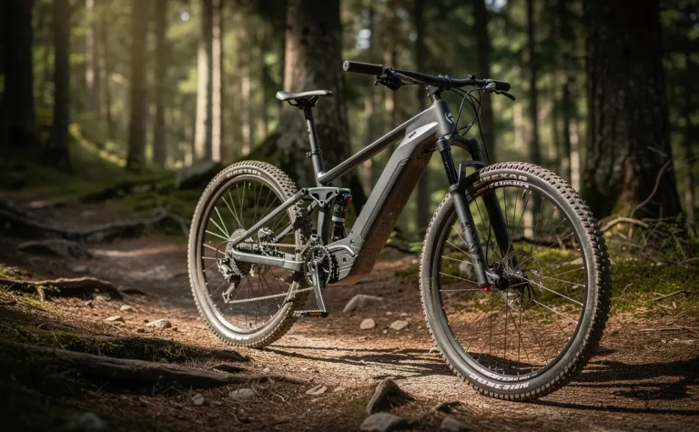 Vélo électrique Rockrider E-EXPL 500 S posé sur un sentier forestier accidenté sous une lumière tamisée.