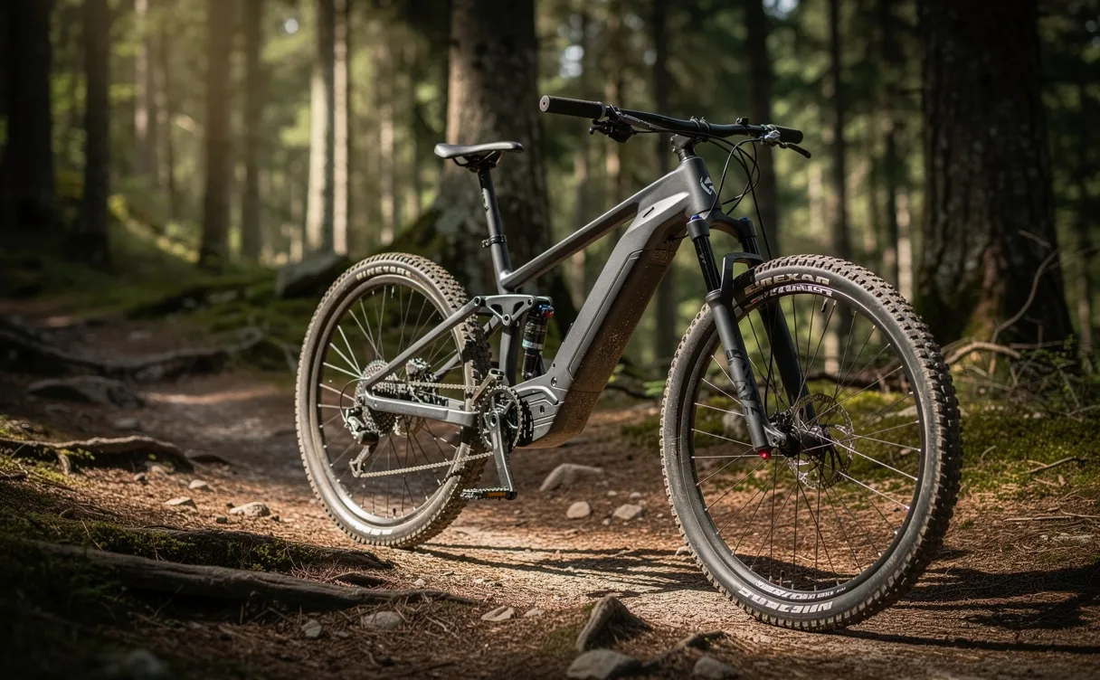 Vélo électrique Rockrider E-EXPL 500 S posé sur un sentier forestier accidenté sous une lumière tamisée.