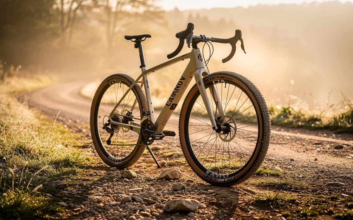 Un vélo Canyon Grizl 5 est posé sur un chemin de terre au petit matin, éclairé par la lumière douce qui traverse une légère brume.
