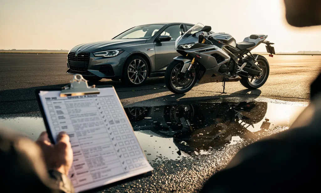 Un automobiliste tient une liste de contrôle au premier plan devant une voiture et une moto garées côte à côte sur une route déserte au coucher du soleil, leurs reflets visibles dans une flaque d’eau.