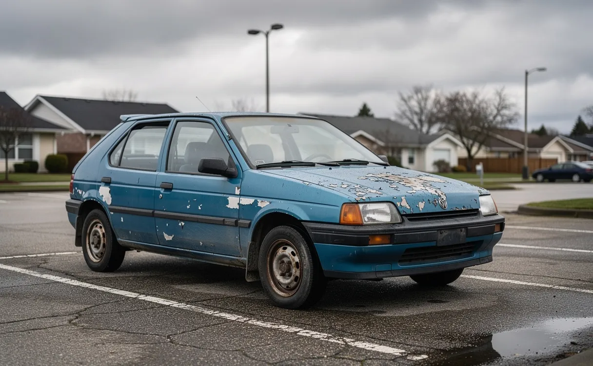 Une voiture bleue aux peintures écaillées est garée sur un parking vide sous un ciel couvert, avec des reflets subtils sur les vitres.