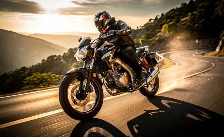 Une moto 125cc roule à vive allure sur une route sinueuse au coucher du soleil, avec un fond flou suggérant la vitesse.