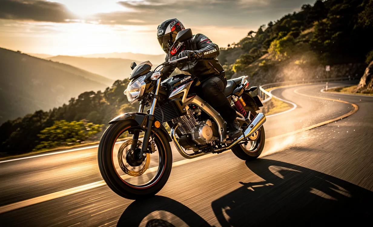 Une moto 125cc roule à vive allure sur une route sinueuse au coucher du soleil, avec un fond flou suggérant la vitesse.