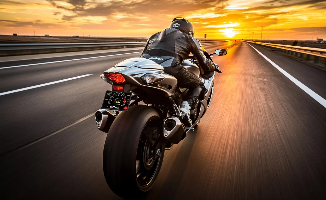 Une Suzuki Hayabusa métallisée roule à grande vitesse sur une autoroute déserte au coucher du soleil, avec le paysage flou en arrière-plan.