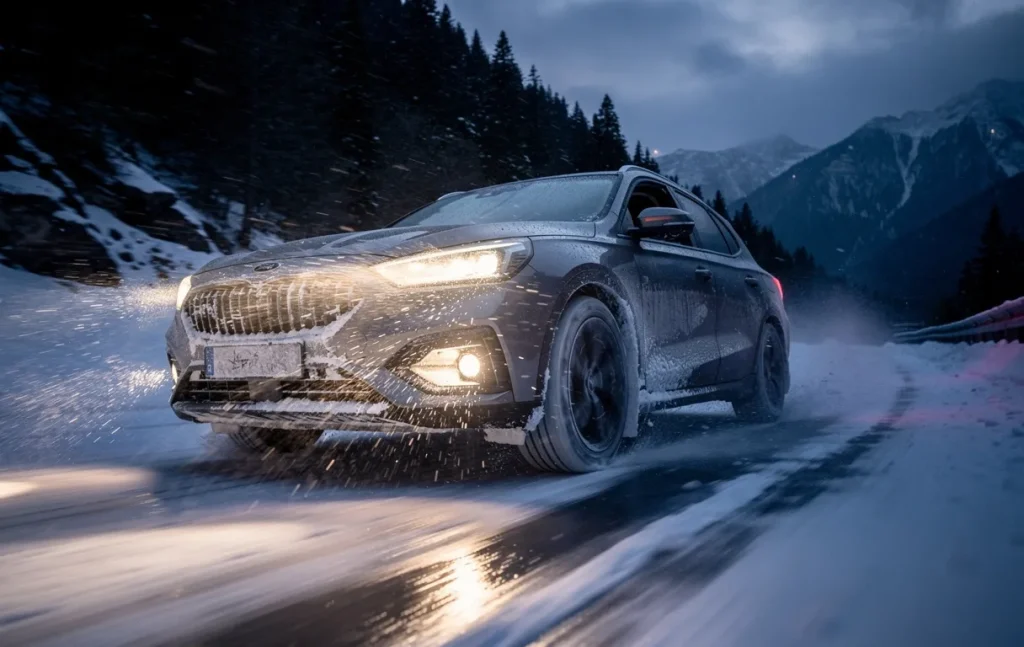 Une voiture avec des pneus usés glisse sur une route de montagne enneigée au crépuscule, ses phares éclairant la neige tourbillonnante.