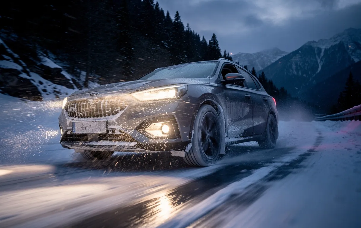 Une voiture avec des pneus usés glisse sur une route de montagne enneigée au crépuscule, ses phares éclairant la neige tourbillonnante.