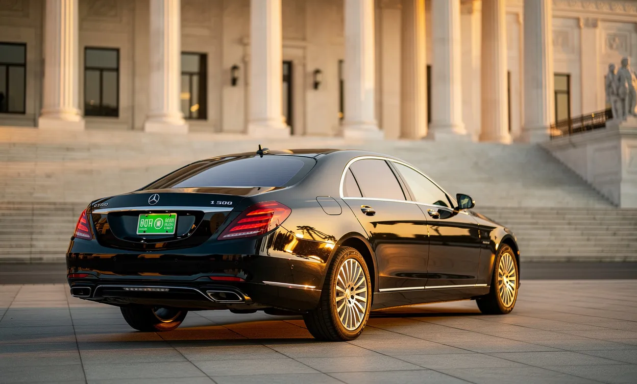 Voiture diplomatique noire avec plaque verte garée devant un bâtiment gouvernemental sous une lumière dorée du coucher du soleil.