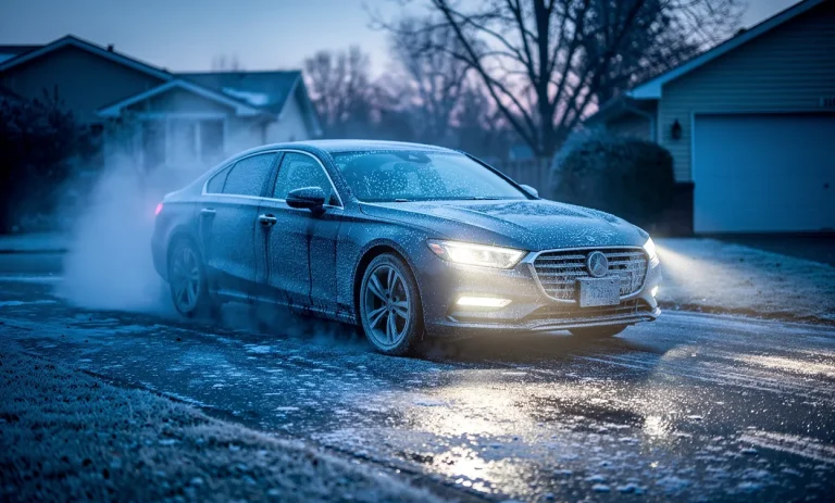 Une voiture moderne est garée sur une allée givrée au petit matin, ses phares allumés révèlent des frissons sur la carrosserie et de légers fumets d’échappement.