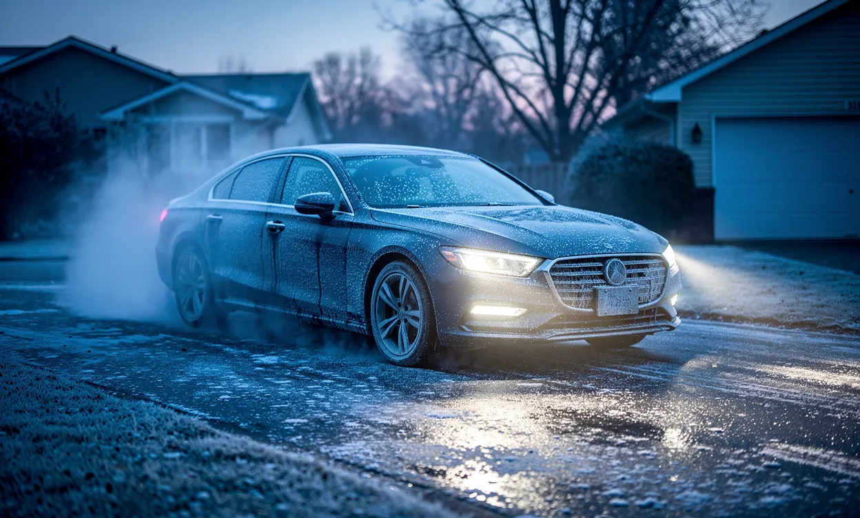 Une voiture moderne est garée sur une allée givrée au petit matin, ses phares allumés révèlent des frissons sur la carrosserie et de légers fumets d’échappement.