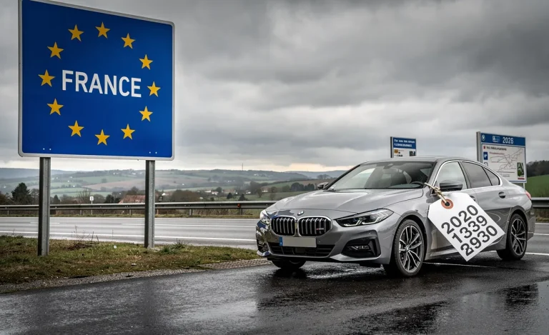 Une voiture argentée immatriculée à l’étranger est garée devant un panneau frontalier français, avec une étiquette de prix et l’année 2026 visibles sur un fond nuageux.