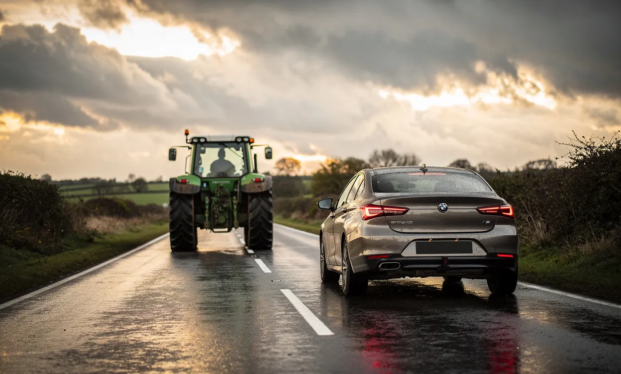 Une voiture suit un tracteur vert roulant lentement sur une route de campagne mouillée, le long d’une ligne blanche continue sous un ciel nuageux.