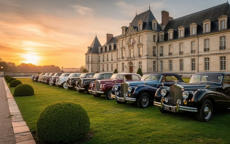 Une rangée de voitures anciennes brillantes est alignée sur la pelouse devant le Château Colbert au coucher du soleil.