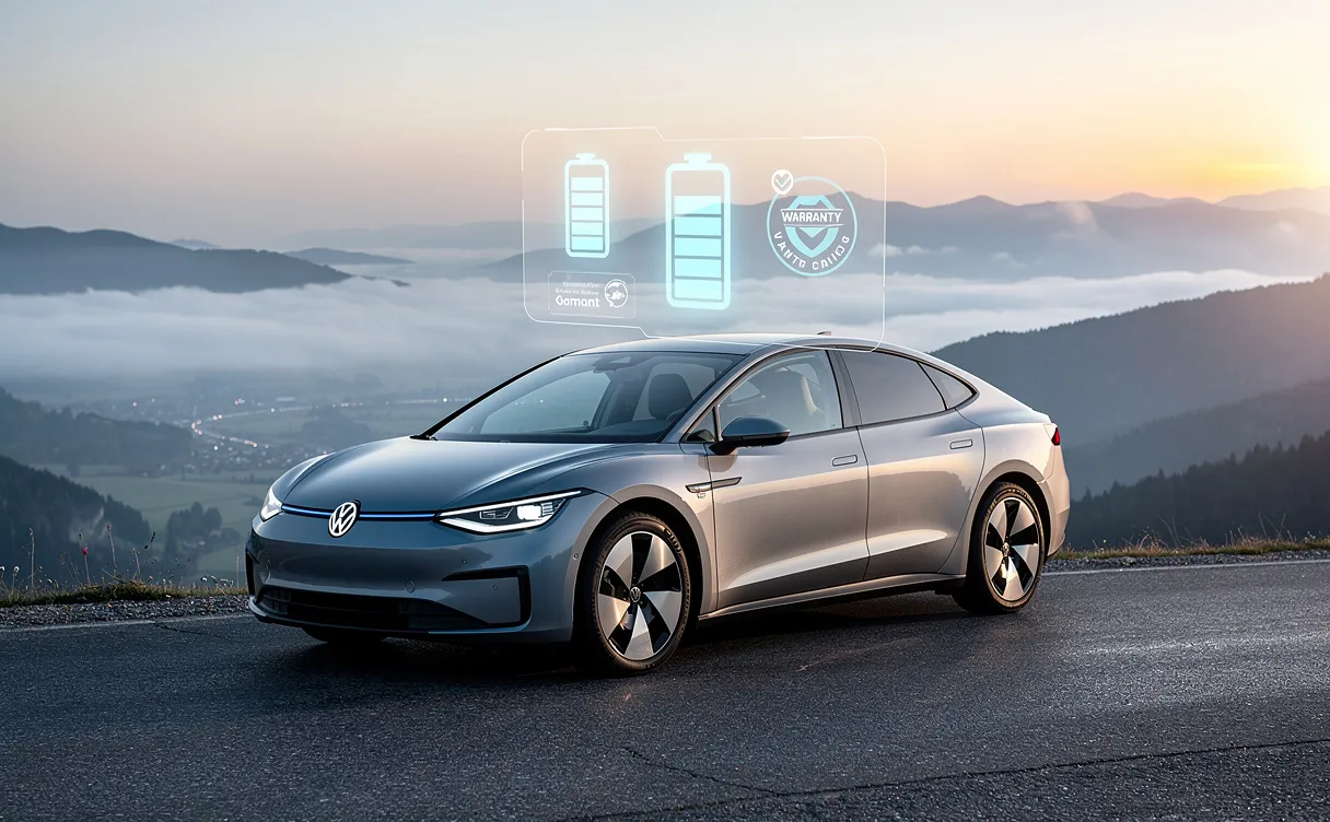 Une voiture électrique Volkswagen est garée face à un panorama au petit matin, avec des icônes de batterie et de garantie projetées au-dessus en bleu lumineux.