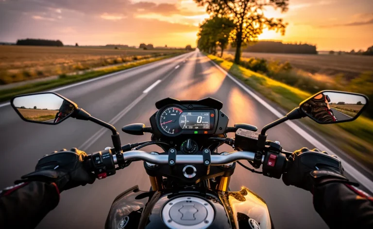 Une moto Yamaha MT 125 roule sur une route de campagne au coucher du soleil avec le compteur de vitesse en avant-plan et un arrière-plan flou.