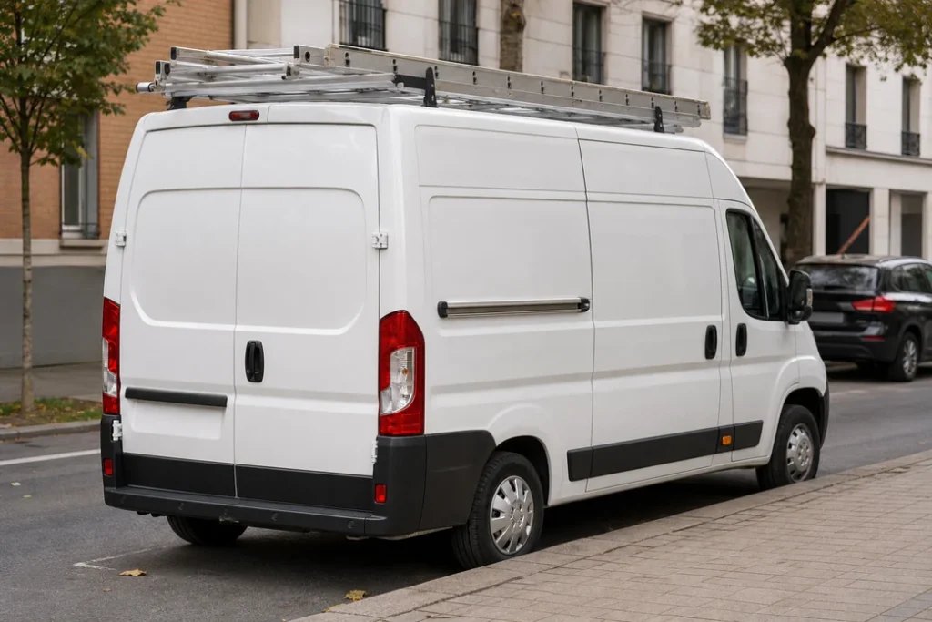 Fourgon utilitaire blanc garé en ville avec une échelle en aluminium fixée sur sa galerie de toit